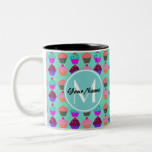 Aqua Cupcake Personalized Monogram Two-Tone Coffee Mug