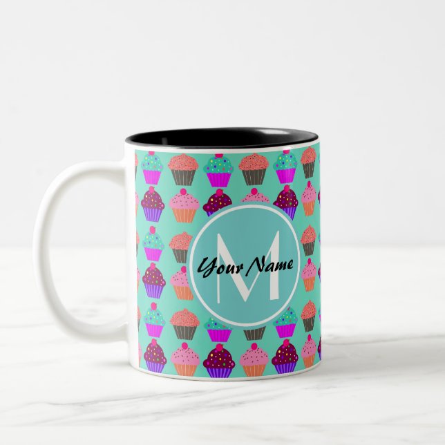Aqua Cupcake Personalized Monogram Two-Tone Coffee Mug (Left)