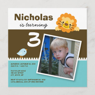 Aqua Custom Lion & Birdie Birthday Party Invite