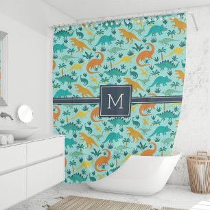 Aqua Cute Colorful Dinosaur Pattern Kid Monogram