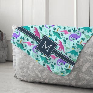 Aqua   Cute Colorful Dinosaur Pattern Kid Monogram Sherpa Blanket