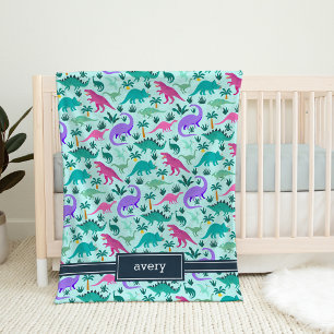 Aqua Cute Colorful Dinosaur Pattern Kids Name Fleece Blanket