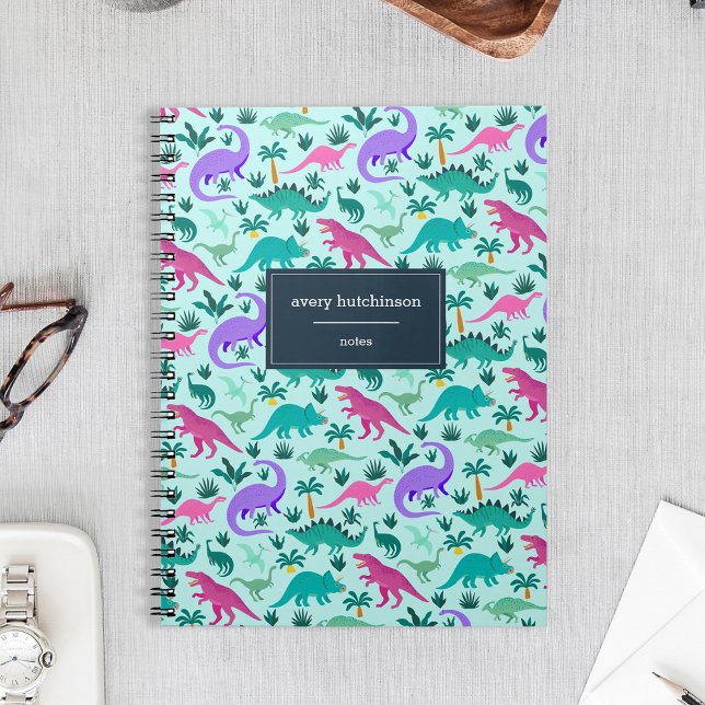 Aqua | Cute Colorful Dinosaur Pattern Personalized Notebook (Creator Uploaded)