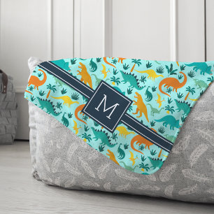 Aqua   Cute Colourful Dinosaur Pattern Kid Monogra Sherpa Blanket