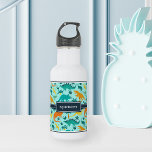 Aqua | Cute Colourful Dinosaur Pattern Kids Name 532 Ml Water Bottle<br><div class="desc">Personalize this cute dinosaur themed water bottle with your child’s name in white lettering for a cool custom touch! Created especially for dino-loving kids,  this colourful design features orange,  yellow,  and mint green dinosaur illustrations on a vibrant aqua background.</div>