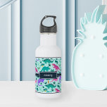 Aqua | Cute Colourful Dinosaur Pattern Kids Name 532 Ml Water Bottle<br><div class="desc">Personalize this cute dinosaur themed water bottle with your child’s name in white lettering for a cool custom touch! Created especially for dino-loving girls,  this colourful design features pink,  purple,  and mint green dinosaur illustrations on a vibrant aqua background.</div>