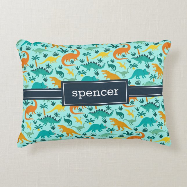 Aqua | Cute Colourful Dinosaur Pattern Kids Name Accent Pillow (Front)
