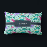 Aqua | Cute Colourful Dinosaur Pattern Kids Name Lumbar Pillow<br><div class="desc">Personalize this cute dinosaur themed lumbar pillow with your child’s name in white lettering for a cool custom touch! Created especially for dino-loving girls,  this colourful design features pink,  purple,  and mint green dinosaur illustrations on a vibrant aqua background.</div>