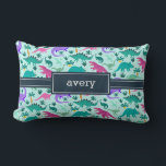 Aqua | Cute Colourful Dinosaur Pattern Kids Name Lumbar Pillow<br><div class="desc">Personalize this cute dinosaur themed lumbar pillow with your child’s name in white lettering for a cool custom touch! Created especially for dino-loving girls,  this colourful design features pink,  purple,  and mint green dinosaur illustrations on a vibrant aqua background.</div>