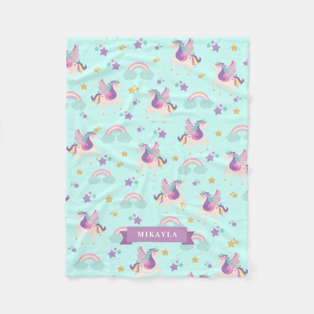 Aqua | Cute Rainbow Unicorn Pattern Fleece Blanket (Front)
