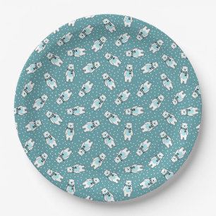 Aqua cute snow polar bear pattern paper plate