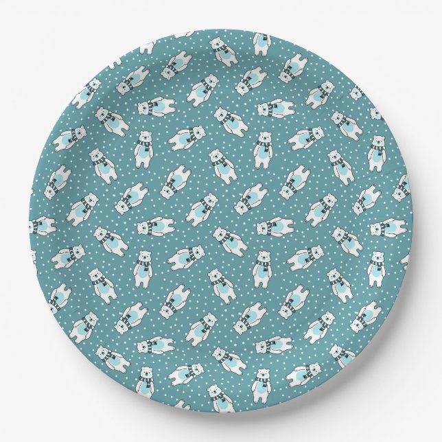 Aqua cute snow polar bear pattern paper plate (Front)