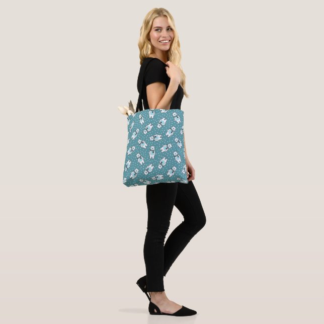 Aqua cute snow polar bear pattern tote bag (On Model)