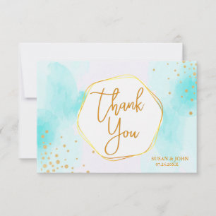 Aqua Cyan Blue Watercolor Gold Glitter Thank You Card