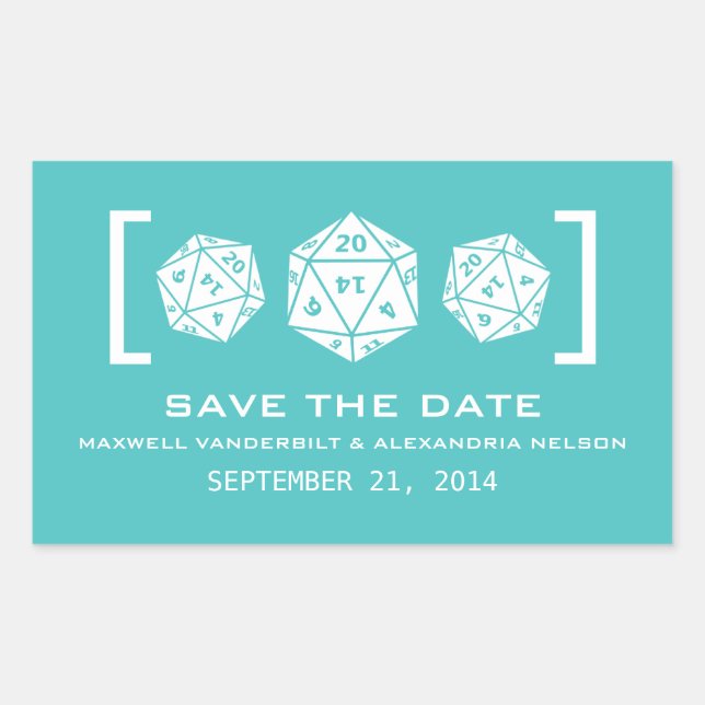 Aqua D20 Dice Gamer Save the Date Stickers (Front)