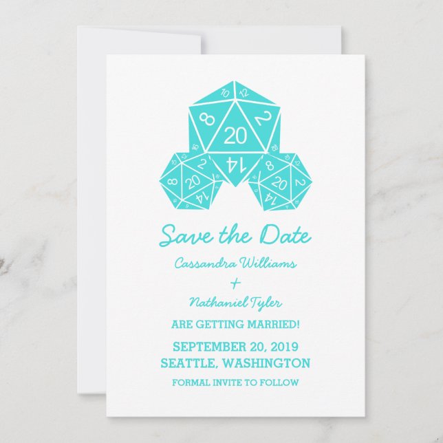 Aqua D20 Dice Save the Date Invite (Front)