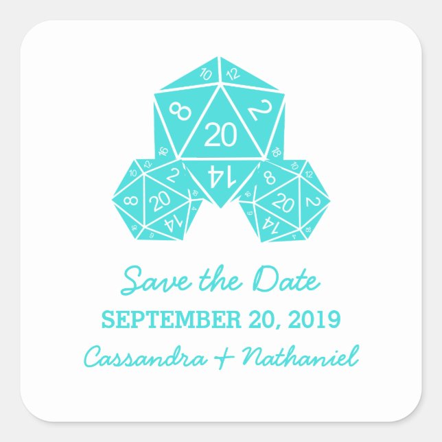 Aqua D20 Dice Save the Date Stickers (Front)
