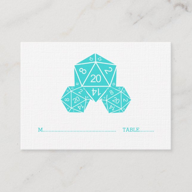 Aqua D20 Dice Wedding Place Card (Front)