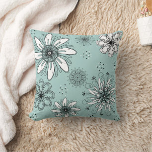 Aqua Daisy Floral Pen and Ink Print Throw Pillow