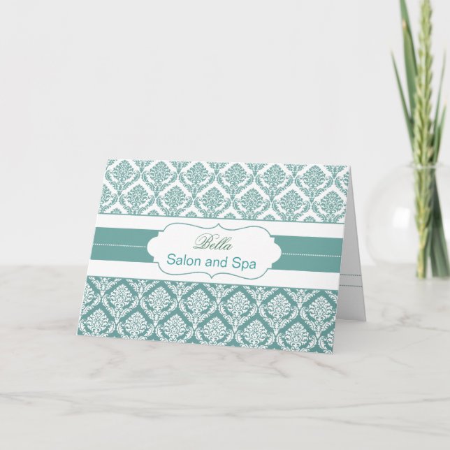 aqua damask Business Thank You Cards (Front)
