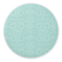 Aqua damask ceramic cabinet door knobs pulls.