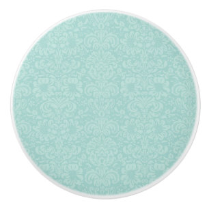 Aqua damask ceramic cabinet door knobs pulls.