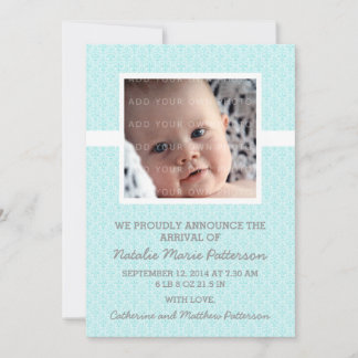 Aqua Damask Frame Photo Baby Announcement