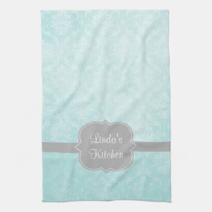 Aqua Damask Grey Personalized Kitchen Towel