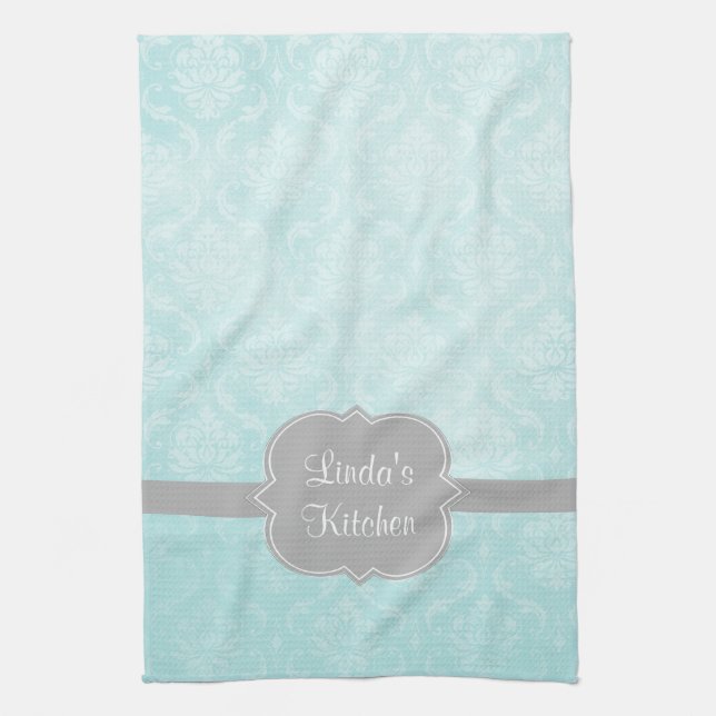 Aqua Damask Grey Personalized Kitchen Towel (Vertical)