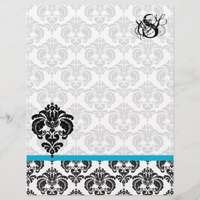 Aqua Damask Monogram Letterhead (Front)