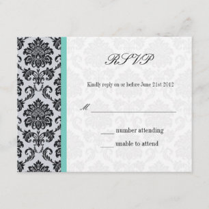 Aqua Damask Monogram Wedding RSVP Card