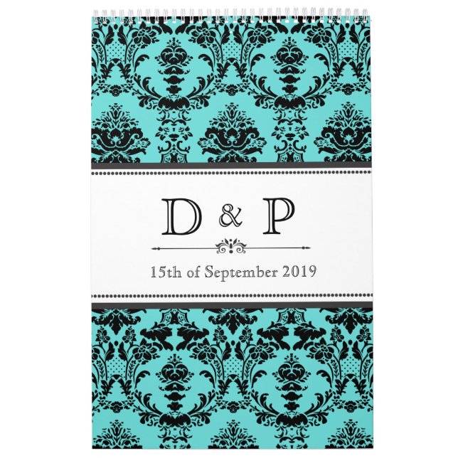 Aqua Damask Monogram Wedding Sign Photo Guestbook Calendar (Cover)