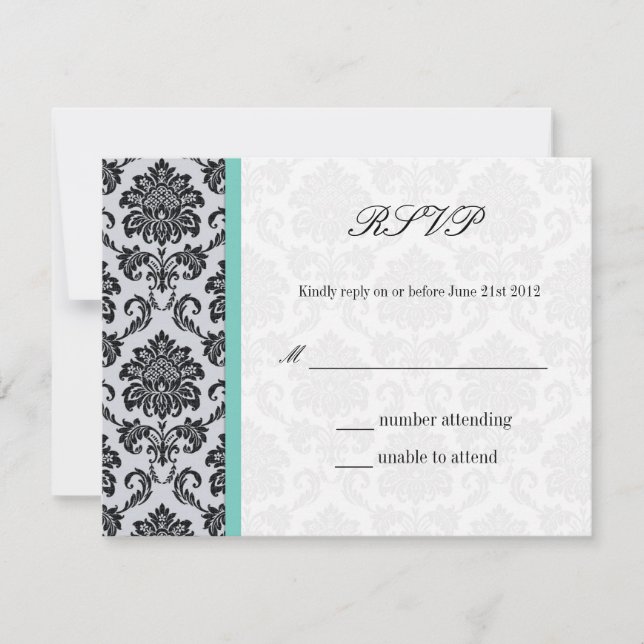 Aqua Damask Monogramme Mariage RSVP (Devant)