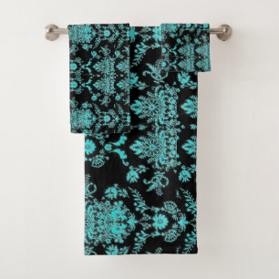 Aqua Damask on Black Bath Towel Set