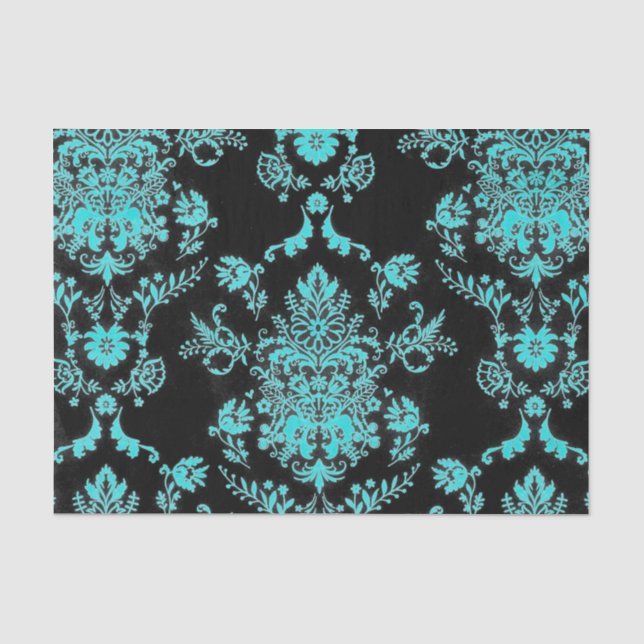 Aqua Damask on Black Chic Design Tissue Paper (Front)