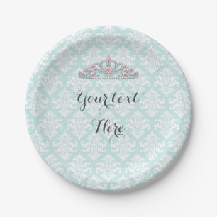 Aqua Damask Princess Tiara Customize Paper Plate