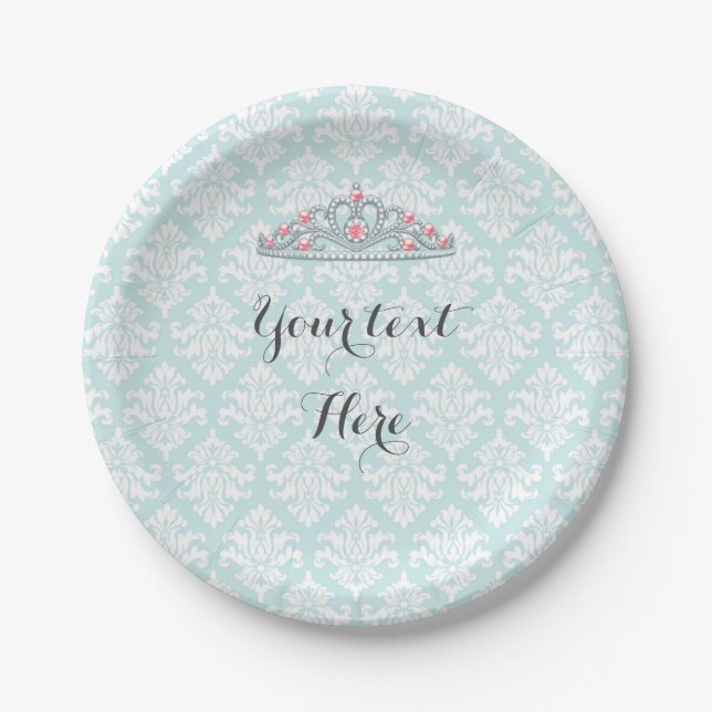 Aqua Damask Princess Tiara Customize Paper Plate (Front)