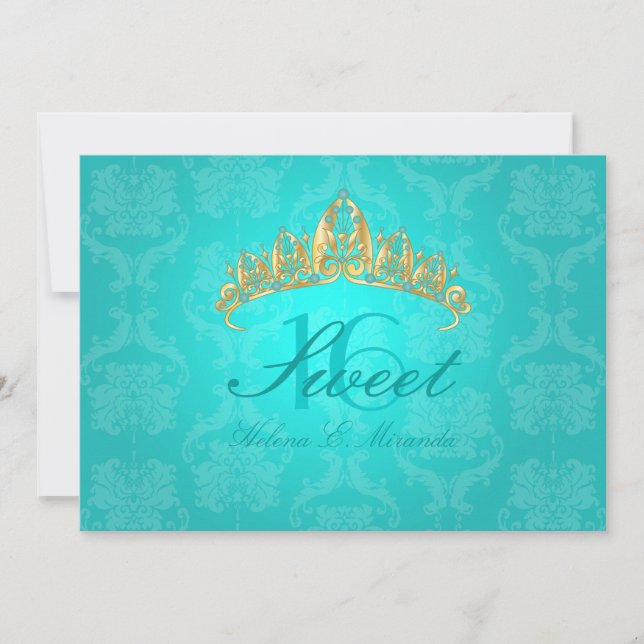 Aqua Damask Sweet 16/ tiara/turquoise invitations (Front)