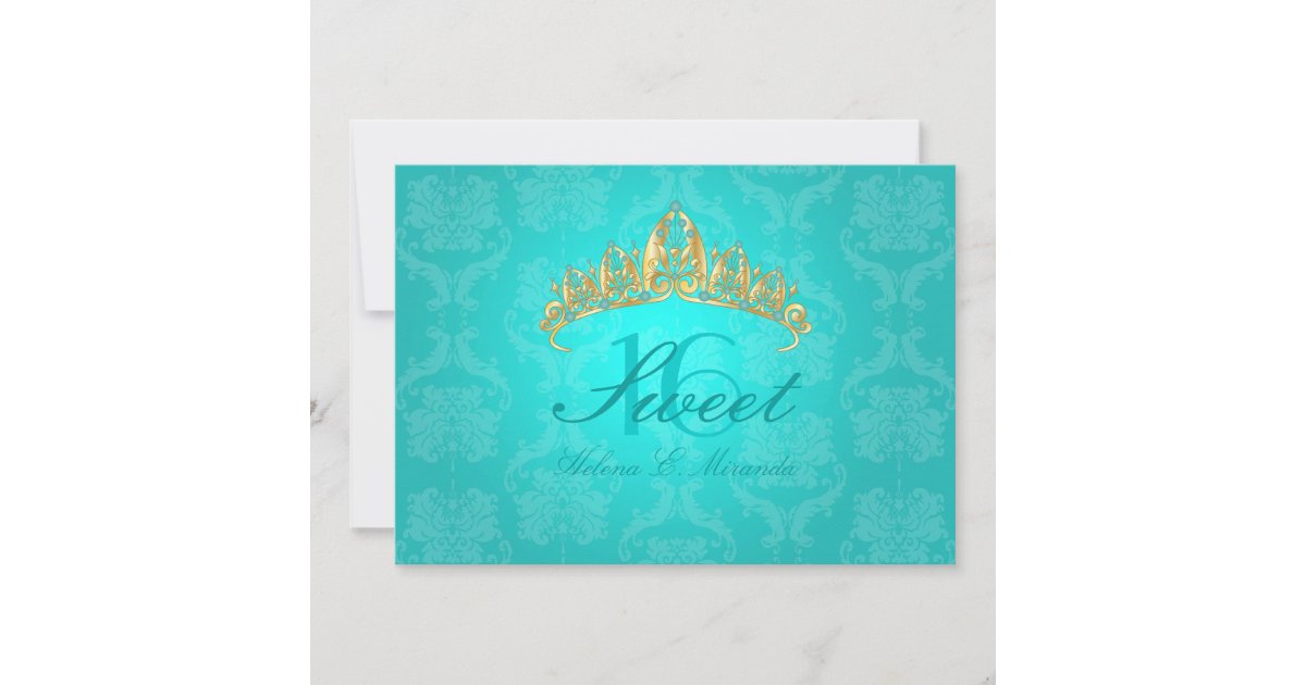 Aqua Damask Sweet 16 Tiara Turquoise Invitations Zazzle