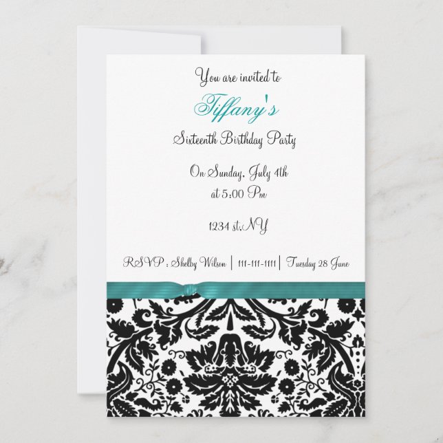 aqua damask Sweet Sixteen party Invitation (Front)