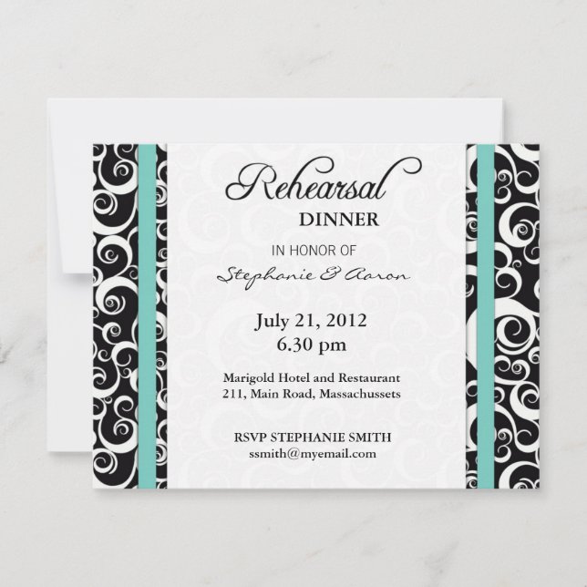 Aqua Damask Swirl Rehearsal Dinner Invitation (Front)