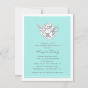 Aqua Damask Teapot Tea Party Wedding Shower Invitation