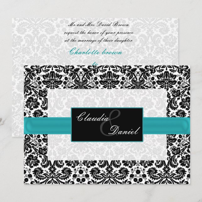aqua  damask wedding invitation (Front/Back)