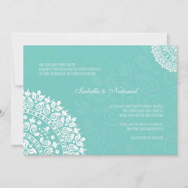 Aqua Damask Wedding Invitation (Front)