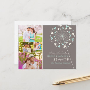 Aqua Dandelions Love Hearts 4 Photo Save The Date Announcement Postcard