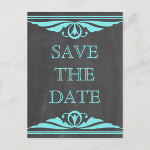 Aqua Deco Chalkboard Save the Date Postcard
