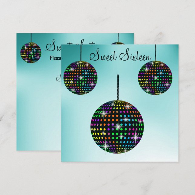Aqua DISCOBALL SWEET SIXTEEN INVITATION (Devant / Derrière)