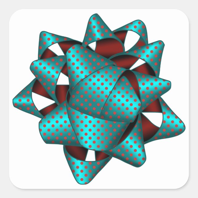 Aqua Dotted Gift Bow, Square Stickers (Front)