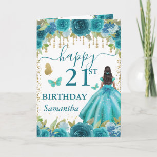 Aqua Dress Dark Skin Princess Birthday Card