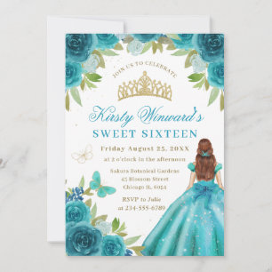 Aqua Dress Red Haired Woman Flowers Sweet 16 Invitation